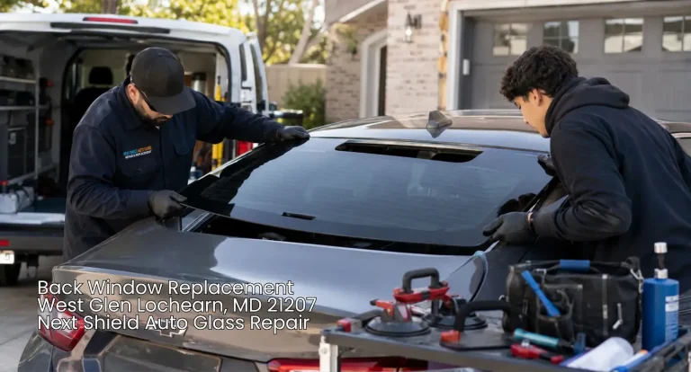Auto glass specialists completing back window replacement Baltimore service outdoors.