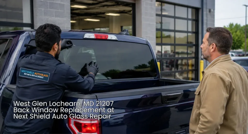 Technician showing customer completed back window replacement Baltimore service on truck.