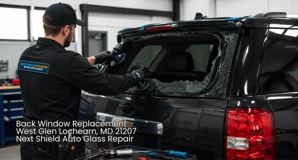 Technician installing new rear glass for back window replacement Baltimore area service.