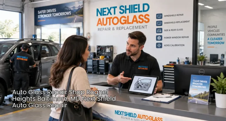 Customer discusses a stuck car window with a technician at an auto glass repair shop Baltimore service counter.