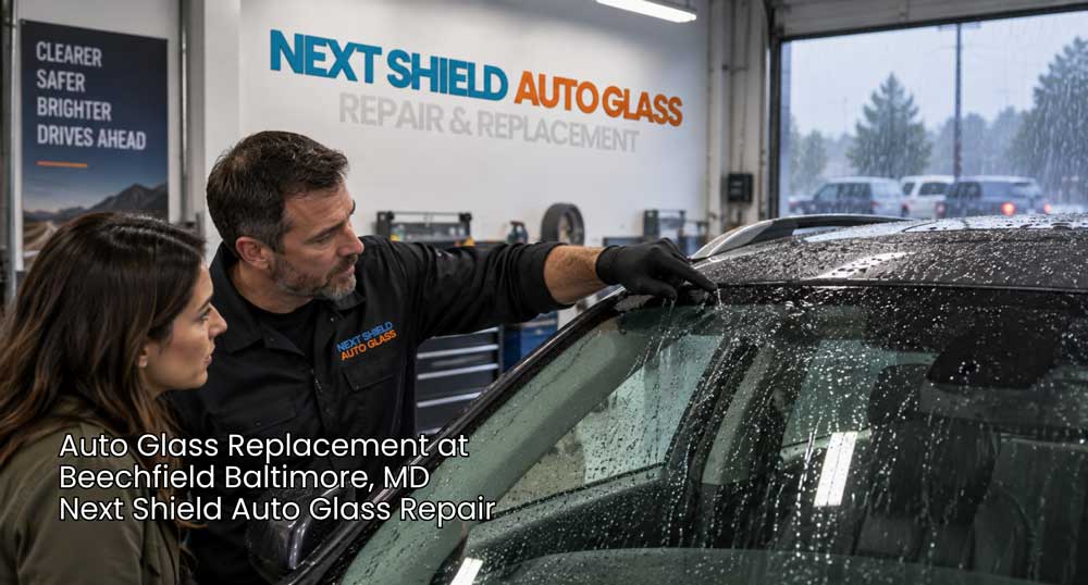 Technician checks rainwater leaking around a windshield with customer during auto glass replacement Baltimore service.