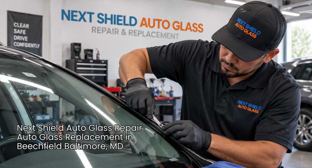 Technician seals a leaking windshield inside a repair shop for professional auto glass replacement Baltimore service.