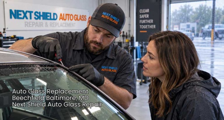 Auto glass technician inspects a wet windshield seal with a customer for trusted auto glass replacement Baltimore service.