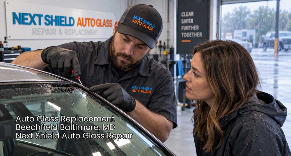 Auto glass technician inspects a wet windshield seal with a customer for trusted auto glass replacement Baltimore service.