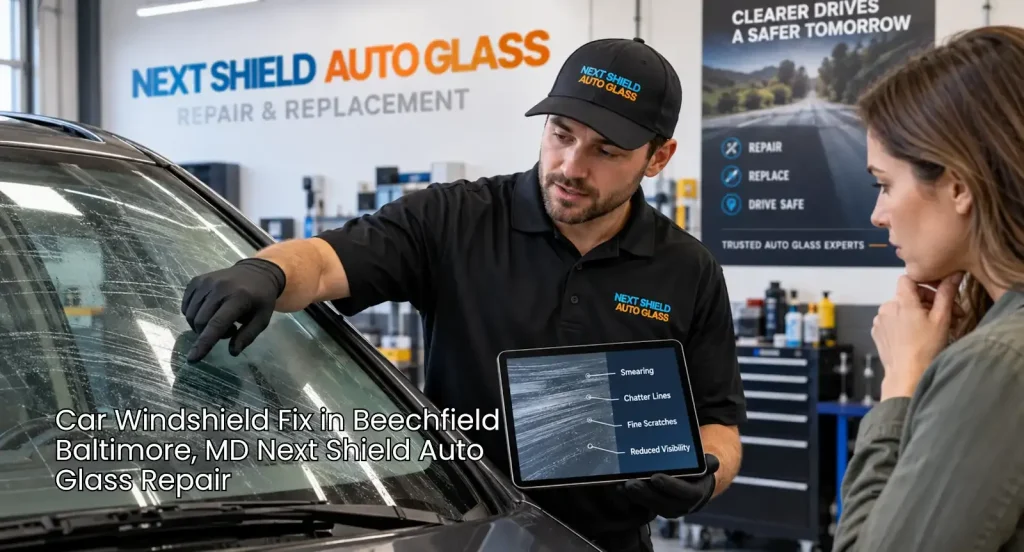 Auto glass technician points out wiper streaks and scratches while discussing a car windshield fix Baltimore with a customer.