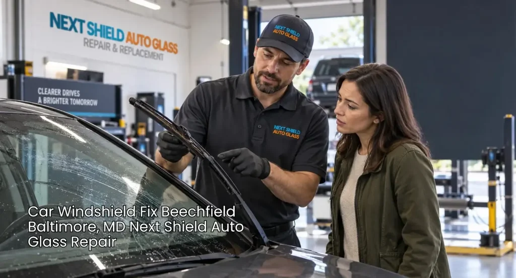 Technician shows worn wiper damage to a customer during a car windshield fix Baltimore inspection at an auto glass shop.