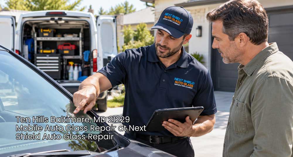 Professional mobile auto glass repair Baltimore specialist inspecting vehicle windshield crack with a customer.