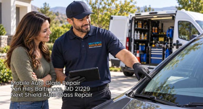 Reliable mobile auto glass repair Baltimore technician assisting customer on site with vehicle windshield service.