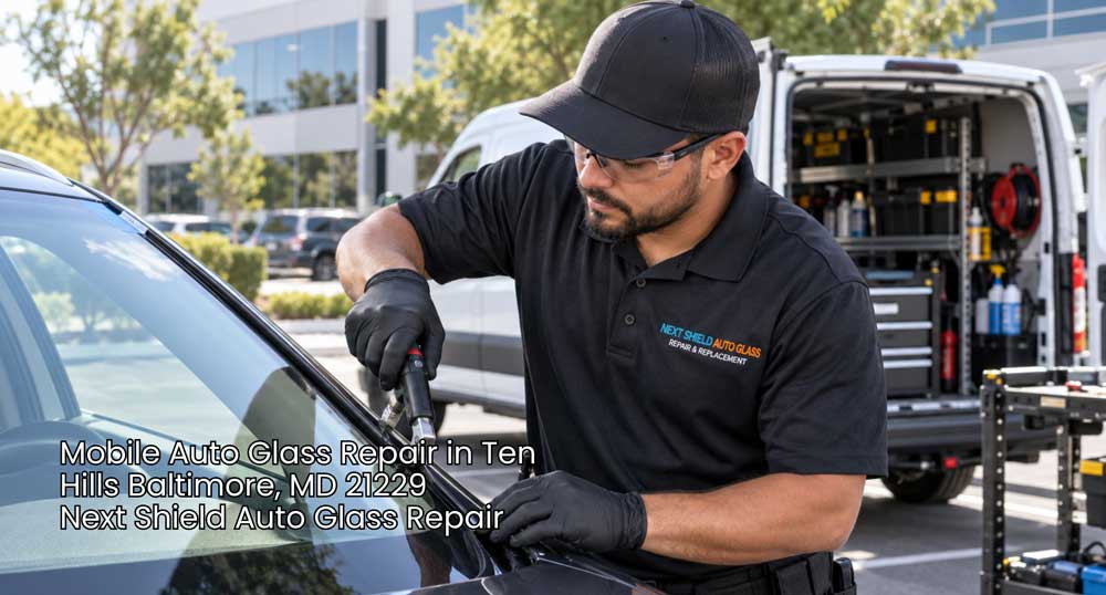 Certified technician performing mobile auto glass repair Baltimore service on a damaged car front windshield.