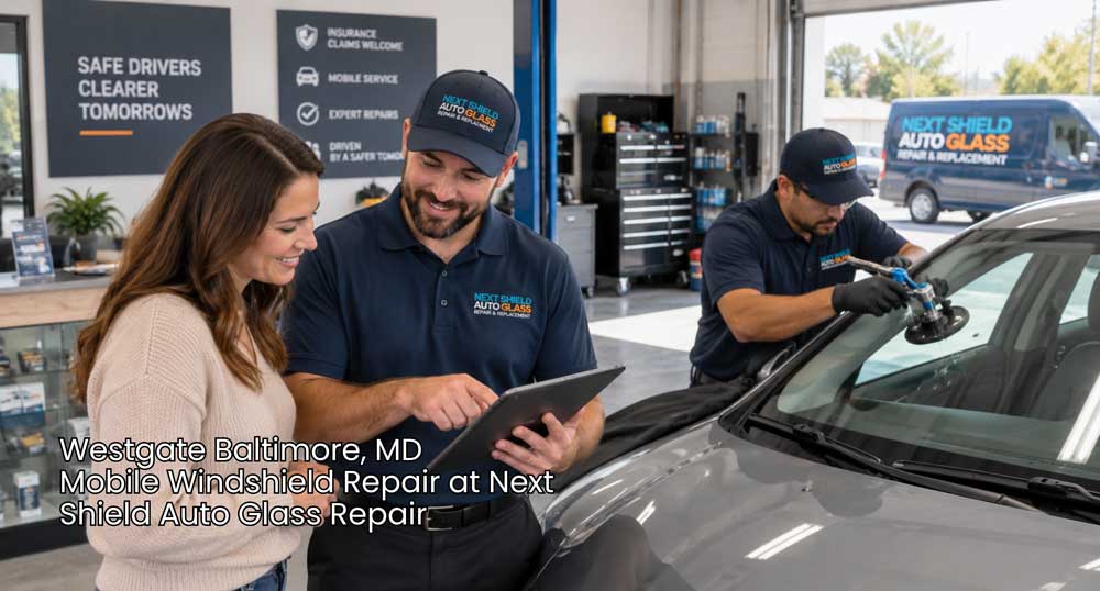 Mobile windshield repair Baltimore customer reviews service details with a technician as another tech repairs the glass.