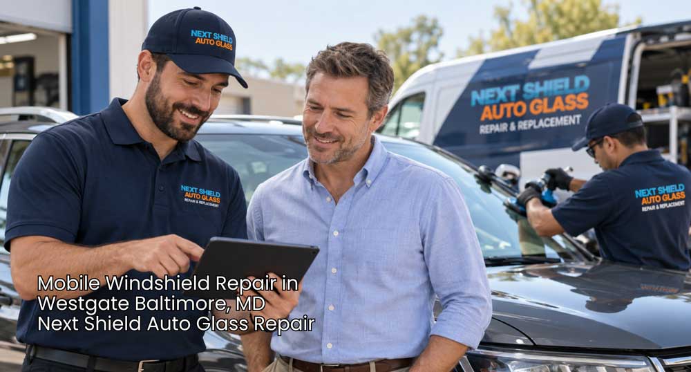 Mobile windshield repair Baltimore technician reviews an estimate with a male customer while another tech repairs the glass.