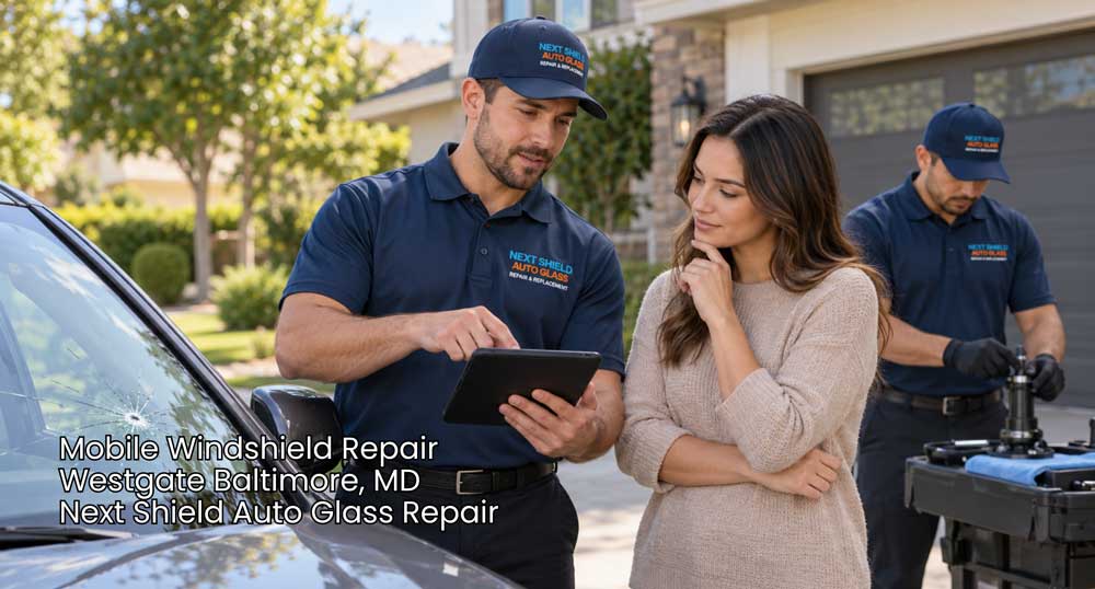 Mobile windshield repair Baltimore technician explains repair options to a woman beside a cracked windshield at her home.